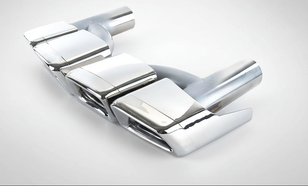 Chrome car muffler tips with a Mercedes-Benz car and text about fitting criteria.