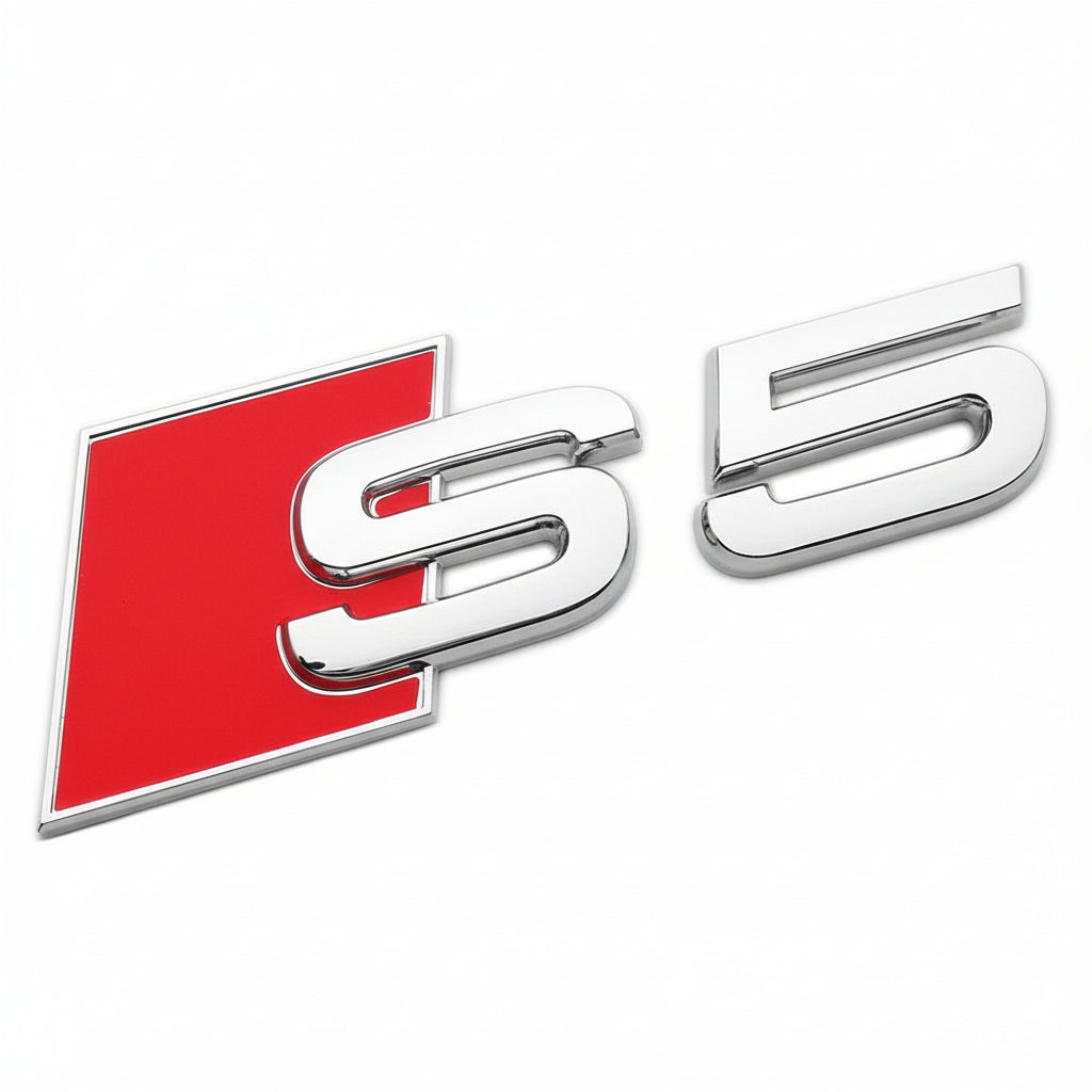 Audi S5 badge with red and silver design on a white background